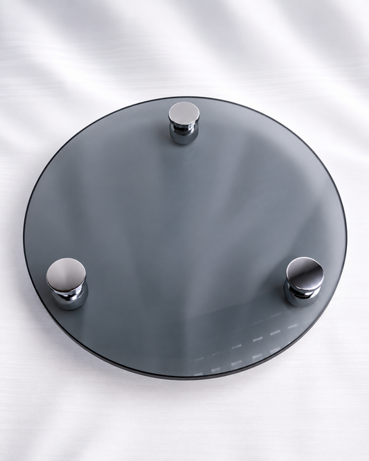 Gümüş Metal Ayaklı Füme Yuvarlak Cam Stant