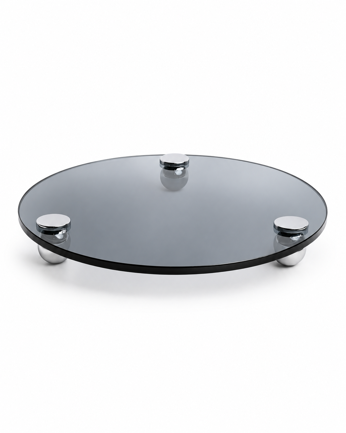 Gümüş Metal Ayaklı Füme Yuvarlak Cam Stant