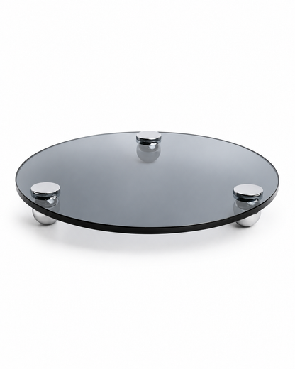 Gümüş Metal Ayaklı Füme Yuvarlak Cam Stant