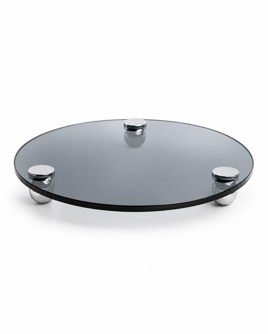 Gümüş Metal Ayaklı Füme Yuvarlak Cam Stant